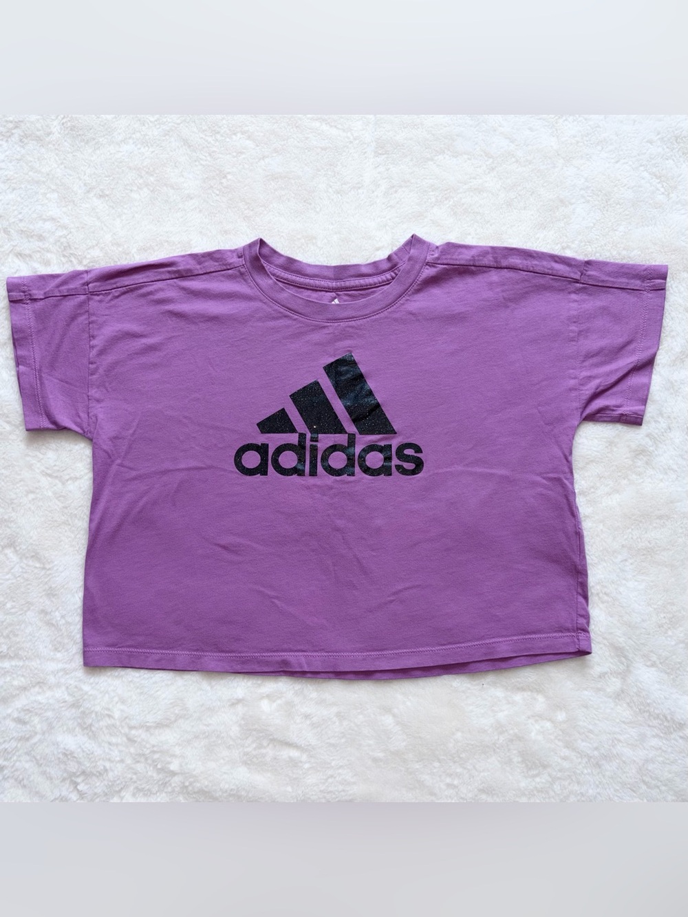 Adidas Girls (7/8) Loose Fit T-Shirt Purple & Black Glitter Logo Tee Crewneck